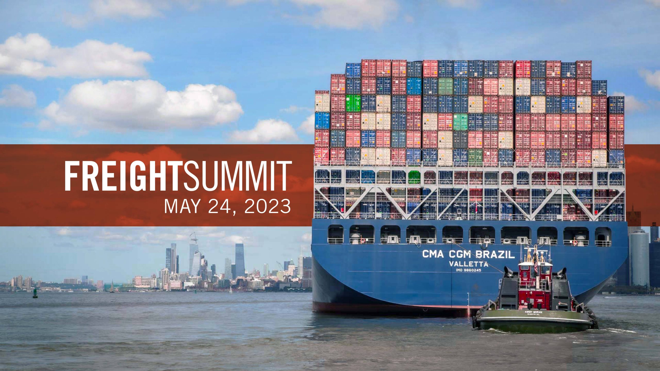 Graphic with image of cargo ship and text 2023 Freight Summit